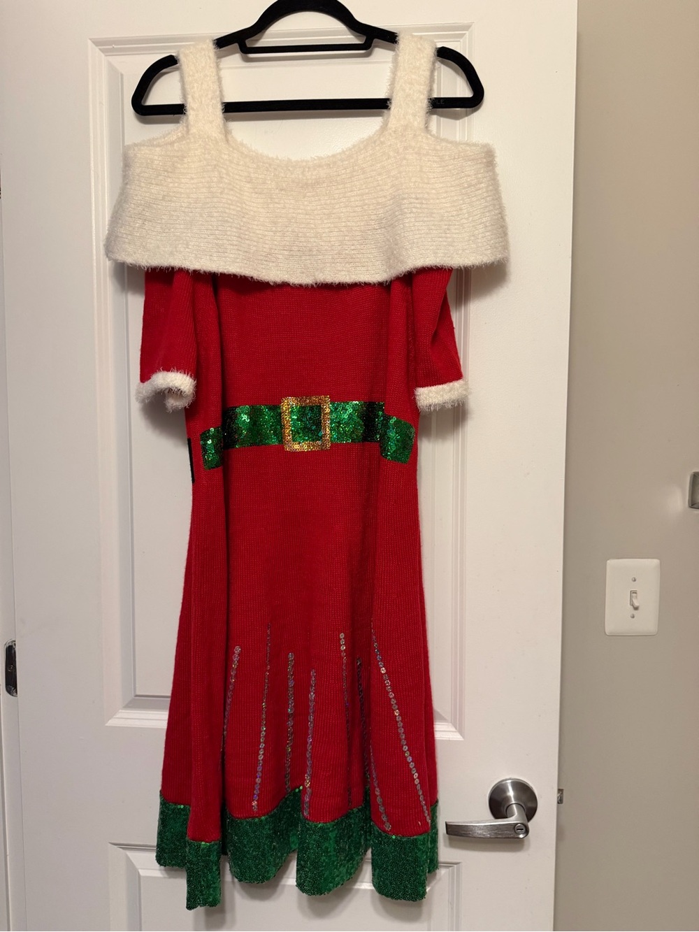 Red One-Shoulder Holiday Sweater Dress with Green Sequin Belt